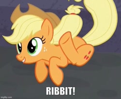 Size: 609x500 | Tagged: safe, edit, edited screencap, screencap, applejack, earth pony, pony, g4, season 5, the cutie map, behaving like a frog, caption, cowboy hat, cute, female, hat, image macro, imgflip, impact font, jackabetes, mare, silly, silly pony, solo, stetson, text, who's a silly pony