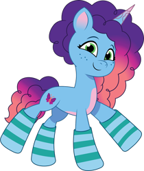 Size: 1010x1203 | Tagged: safe, artist:prixy05, misty brightdawn, pony, unicorn, g5, my little pony: tell your tale, clothes, female, horn, mare, rebirth misty, simple background, socks, solo, striped socks, transparent background, vector