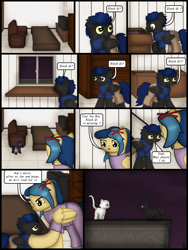 Size: 1750x2333 | Tagged: safe, artist:99999999000, oc, oc only, oc:shadow spirits, oc:su wendi, cat, pegasus, pony, comic:grow with children, colt, comic, couch, female, foal, male, mother and child, mother and son, son, television