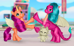 Size: 970x600 | Tagged: safe, blaize skysong, sparky sparkeroni, sunny starscout, alicorn, dragon, earth pony, g5, official, amazon, amazon.com, bump, cgi, maretime bay, promotional art, standing, together, toy