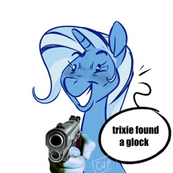Size: 2000x2000 | Tagged: safe, artist:serenacypb, trixie, pony, unicorn, g4, female, gun, horn, m1911, mare, mlp infection, pistol, simple background, solo, weapon, white background