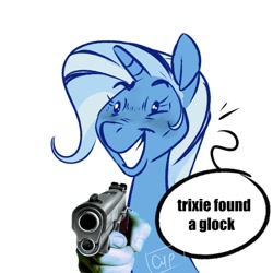 Size: 2000x2000 | Tagged: safe, artist:serenacypb, trixie, pony, unicorn, g4, female, gun, horn, infection au, m1911, mare, pistol, simple background, solo, weapon, white background