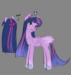 Size: 946x996 | Tagged: safe, artist:yahidna, twilight sparkle, alicorn, pegasus, pony, g4, alternate hairstyle, female, gray background, mare, missing horn, pegasus twilight sparkle, race swap, simple background, smiling, solo