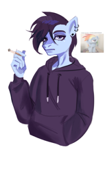 Size: 525x860 | Tagged: safe, artist:yahidna, anthro, cigarette, clothes, goth, hand in pocket, hoodie, ponified, sebastian (stardew valley), simple background, solo, stardew valley, white background