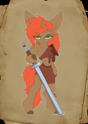 Size: 1357x1920 | Tagged: safe, artist:zwmushak, oc, oc only, unicorn, semi-anthro, fallout equestria, clothes, fallout, horn, solo, sword, weapon