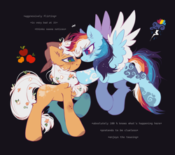 Size: 3400x3000 | Tagged: safe, artist:mirtash, applejack, rainbow dash, earth pony, pegasus, pony, g4, alternate color palette, alternate hair color, alternate hairstyle, alternate universe, applejack's hat, big hooves, black background, cloud pattern, concave belly, cowboy hat, duo, duo male and female, female, flower, flower in hair, freckles, gritted teeth, hat, lesbian, long description, male, markings, redesign, ship:appledash, shipping, simple background, smiling, smirk, story included, teeth