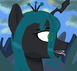 Size: 2339x2160 | Tagged: safe, artist:kujivunia, queen chrysalis, g4, bust, cloud, fangs, female, forked tongue, mare, mountain, open mouth, portrait, sharp teeth, sketch, solo, teeth, tongue out