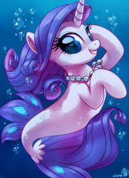 Size: 2196x3028 | Tagged: safe, artist:whitediamonds, rarity, pony, seapony (g4), unicorn, g4, blue background, blue eyes, blue mane, blue tail, bubble, commission, crepuscular rays, cute, digital art, dorsal fin, eyelashes, eyeshadow, female, fin, fish tail, flowing mane, flowing tail, gem, happy, high res, horn, jewelry, looking at you, makeup, mare, necklace, ocean, pearl necklace, pretty, raribetes, scales, seaponified, seapony rarity, signature, simple background, smiling, smiling at you, solo, species swap, sunlight, swimming, tail, teeth, underwater, water