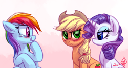 Size: 1500x800 | Tagged: safe, artist:whitediamonds, applejack, rainbow dash, rarity, earth pony, pegasus, pony, unicorn, rarijack daily, g4, applejack's hat, blushing, cowboy hat, crying, eyebrows, eyebrows visible through hair, eyeshadow, female, freckles, frown, gradient background, grin, hat, horn, laughing, lesbian, makeup, mare, profile, raised hoof, rarity is not amused, ship:rarijack, shipping, signature, sitting, snickering, tears of laughter, teary eyes, trio, trio female, tumblr, unamused