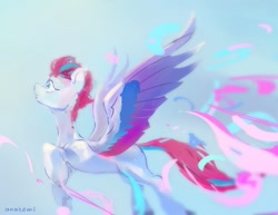 Size: 1289x993 | Tagged: safe, artist:laymy, zipp storm, pegasus, pony, g5, colored wings, female, flying, gradient background, gradient wings, looking up, mare, multicolored wings, signature, solo, spread wings, wings