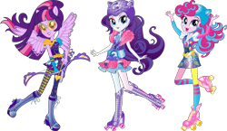 Size: 13491x7847 | Tagged: safe, artist:sugar-loop, pinkie pie, rarity, sci-twi, twilight sparkle, equestria girls, g4, simple background, sporty style, transparent background