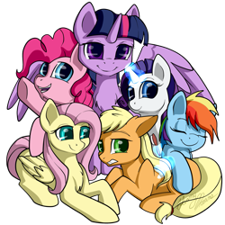 Size: 1743x1743 | Tagged: safe, artist:gleamydreams, applejack, fluttershy, pinkie pie, rainbow dash, rarity, twilight sparkle, alicorn, earth pony, pegasus, pony, unicorn, g4, brush, chest fluff, cute, ear fluff, eyes closed, female, folded wings, glowing, glowing horn, gritted teeth, group, horn, looking at you, loose hair, lying down, magic, magic aura, mane six, mare, open mouth, open smile, prone, sextet, signature, simple background, smiling, smiling at you, spread wings, teeth, telekinesis, transparent background, twilight sparkle (alicorn), underhoof, wings