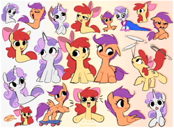 Size: 2723x2000 | Tagged: safe, artist:syrupyyy, apple bloom, scootaloo, sweetie belle, earth pony, pegasus, pony, unicorn, for whom the sweetie belle toils, g4, the cutie pox, 5-year-old sweetie belle, accessory swap, apple bloom's bow, blushing, bow, buy some apples, cutie mark crusaders, emanata, eye clipping through hair, eyes closed, female, filly, foal, gradient background, hair bow, high res, horn, open mouth, open smile, scooter, sitting, smiling, trio