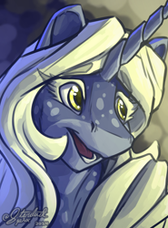 Size: 2000x2700 | Tagged: safe, artist:stardustspix, oc, oc only, oc:cloud collapse, pony, unicorn, blue coat, bust, coat markings, colored eyebrows, colored eyelashes, colored horn, female, high res, horn, mare, open mouth, portrait, smiling, solo, yellow eyes, yellow mane