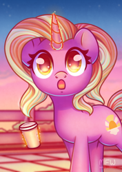 Size: 2480x3508 | Tagged: safe, artist:wavecipher, luster dawn, pony, unicorn, g4, the last problem, :o, coffee cup, cup, cute, female, fence, glowing, glowing horn, high res, horn, levitation, looking at you, lusterbetes, magic, magic aura, mare, open mouth, outdoors, solo, telekinesis