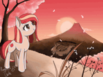 Size: 800x600 | Tagged: safe, artist:hauntedtuba, oc, oc only, oc:poniko, earth pony, pony, animated, blinking, cherry blossoms, female, flower, flower blossom, flower petals, gif, japan, looking up, loop, mare, signature, smiling, solo, sunset, windswept mane