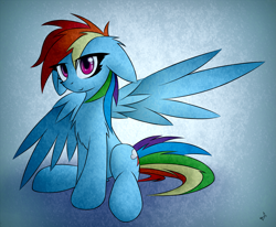 Size: 2255x1857 | Tagged: safe, artist:n_thing, rainbow dash, pegasus, pony, g4, abstract background, chest fluff, female, floppy ears, looking at you, mare, sitting, smiling, smiling at you, solo, spread wings, wings