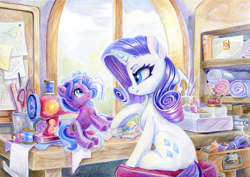 Size: 1551x1100 | Tagged: safe, artist:maytee, rarity, pony, unicorn, g4, colored pencil drawing, fabric, glowing, glowing horn, horn, magic, pin, pincushion, plushie, ruler, scissors, sewing, sewing machine, sewing needle, solo, table, telekinesis, thread, traditional art, window