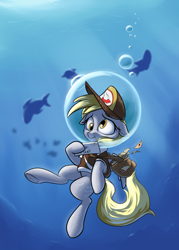 Size: 2000x2800 | Tagged: safe, artist:rocket-lawnchair, derpy hooves, dolphin, fish, pegasus, pony, g4, bag, birthday gift, bubble, bubble helmet, bubble on head, crepuscular rays, derp, digital art, female, fins, fish tail, flowing mane, flowing tail, hat, high res, hoof hold, letter, mail, mailbag, mailmare, mailmare hat, mailmare uniform, mare, ocean, solo, sunlight, swimming, tail, underhoof, underwater, water, yellow mane, yellow tail