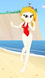 Size: 938x1590 | Tagged: safe, artist:robertsonskywa1, flare (g5), equestria girls, g4, g5, my little pony: tell your tale, baywatch, beach, breasts, busty flare, clothes, equestria girls-ified, female, g5 to equestria girls, g5 to g4, generation leap, lifeguard, maretime bay, one-piece swimsuit, photo, sexy, solo, stupid sexy flare, swimsuit