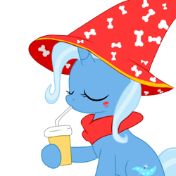 Size: 512x512 | Tagged: safe, artist:trixxiefloof, trixie, pony, unicorn, g4, alternate universe, drinking straw, eyes closed, hat, horn, markings, red hat, red scarf, simple background, sitting, solo, transparent background, vector, yellow cup
