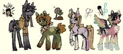 Size: 2015x886 | Tagged: safe, artist:camo_ty, oc, oc only, earth pony, pegasus, unicorn, ambiguous gender, amputee, bags under eyes, blaze (coat marking), blonde mane, blonde tail, blushing, chest fluff, clothes, coat markings, colored hooves, colored horn, colored pinnae, colored sketch, colored wings, colored wingtips, curly mane, curly tail, ear fluff, ear tufts, earth pony oc, eye clipping through hair, eyebrows, eyebrows visible through hair, facial markings, freckles, frown, green coat, group, hair accessory, hairclip, height difference, hoodie, hoof fluff, horn, leg fluff, lipstick, long legs, long mane, long tail, looking back, multicolored coat, multicolored wings, neckerchief, orange mane, orange tail, pegasus oc, physique difference, prosthetic leg, prosthetic limb, prosthetics, purple blush, purple coat, purple mane, purple tail, quartet, rainbow wings, raised hoof, red coat, short mane, short tail, simple background, sketch, smiling, socks (coat markings), splotches, spread wings, standing, star (coat marking), tail, thin legs, two toned mane, two toned tail, unicorn horn, unicorn oc, unshorn fetlocks, wall of tags, white background, wings