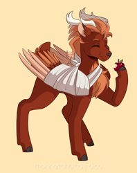 Size: 2300x2900 | Tagged: safe, artist:monnarcha, oc, oc only, oc:leafy skies, deer, original species, peryton, antlers, apple, bandage, broken bone, broken wing, cast, cloven hooves, colored hooves, colored wings, commission, deerified, eating, folded wings, food, freckles, happy, herbivore, injured, male, short tail, simple background, sling, smiling, solo, species swap, stag, tail, wings, yellow background