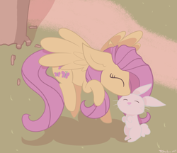 Size: 3608x3120 | Tagged: safe, artist:tkshoelace, angel bunny, fluttershy, pegasus, pony, rabbit, g4, animal, flying, kissing, tree, wings