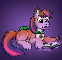 Size: 1280x1242 | Tagged: safe, artist:metallicumbrage, twilight sparkle, oc, oc:kickaha, fox, pony, unicorn, g4, book, cloak, clothes, eye color change, furry, furry oc, furry to pony, gradient background, horn, male to female, mid-transformation, open mouth, purple background, solo, sparkles, transformation, transgender transformation, unicorn twilight