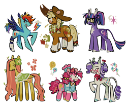 Size: 2048x1798 | Tagged: safe, artist:camo_ty, applejack, fluttershy, pinkie pie, rainbow dash, rarity, twilight sparkle, bat pony, earth pony, pegasus, pony, unicorn, g4, alternate color palette, alternate cutie mark, alternate design, alternate eye color, alternate hair color, alternate hairstyle, alternate versions at source, amputee, applejack's hat, applejacked, bald face, bandana, bat ponified, beanbrows, big ears, blaze (coat marking), blonde mane, blonde tail, blue coat, bowtie, braid, braided ponytail, chef's hat, chest fluff, clothes, coat markings, colored eartips, colored eyebrows, colored hooves, colored pinnae, colored wings, colored wingtips, concave belly, cowboy hat, curly mane, curly tail, diverse body types, dot eyes, ear tufts, eye clipping through hair, eyebrows, facial markings, female, fetlock tuft, flower, flower in hair, flutterbat, freckles, glasses, group, hair bun, hairpin, hat, height difference, hooves, horn, leg fluff, leonine tail, long legs, long mane, long tail, looking back, mane six, mare, messy mane, messy tail, multicolored hair, multicolored hooves, multicolored mane, multicolored tail, multicolored wings, muscles, narrowed eyes, neckerchief, orange coat, overalls, physique difference, pigtails, pink coat, pink mane, pink tail, ponytail, profile, prosthetic leg, prosthetic limb, prosthetics, purple coat, purple mane, purple tail, race swap, rainbow hair, rainbow tail, raised hoof, red eyes, redesign, ringlets, scarf, shawl, shiny hooves, short hair rainbow dash, short mane, short tail, signature, simple background, size difference, slender, smiling, snip (coat marking), socks (coat markings), spread wings, standing, star (coat marking), stick in tail, sticks, straight mane, straight tail, straw in mouth, tail, tallershy, teal eyes, thin, thin legs, tied mane, tied tail, twig, twigs in hair, unicorn twilight, unshorn fetlocks, wall of tags, wavy mane, wavy tail, white background, white coat, wings, yellow coat