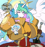 Size: 3684x3832 | Tagged: safe, artist:polofastter, artist:thelunarmoon, princess celestia, oc, oc:lunar moon, alicorn, pony, unicorn, anthro, g4, armor, big breasts, black and white, breasts, busty princess celestia, colored, dialogue, don't talk to me or my son ever again, duo, duo male and female, female, frown, grayscale, high res, holding a pony, horn, huge breasts, lidded eyes, looking at you, male, mare, meme, monochrome, mother and child, mother and son, offspring, parent:princess celestia, saint celestine, signature, simple background, speech bubble, spread wings, sword, talking to viewer, thousand yard stare, warhammer (game), warhammer 40k, warrior, warrior celestia, weapon, white background, wings