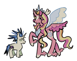 Size: 615x491 | Tagged: safe, artist:camo_ty, shining armor, alicorn, pony, unicorn, g4, alternate color palette, alternate design, alternate eye color, alternate hair color, alternate hairstyle, alternate tailstyle, bags under eyes, blue mane, blue tail, coat markings, colored ears, colored hooves, colored wings, colored wingtips, concave belly, crown, curly mane, duo, duo male and female, ear tufts, eyelashes, facial markings, female, height difference, horn, jewelry, long legs, looking back, male, mare, meme, messy mane, messy tail, multicolored mane, multicolored tail, peytral, physique difference, profile, redesign, regalia, simple background, size difference, slender, smiling, spiky mane, spiky tail, spread wings, stallion, star (coat marking), striped horn, tail, tall, the bride and the ugly ass groom, thin, tiara, toy interpretation, two toned mane, two toned tail, two toned wings, unicorn horn, wavy mane, wavy tail, white background, white coat, white eyes, winged hooves, wings