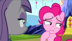 Size: 1393x785 | Tagged: safe, screencap, maud pie, pinkie pie, g4, rock solid friendship, discovery family, discovery family logo, hoof on chin, logo, twilight's castle