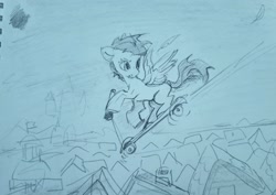 Size: 2048x1447 | Tagged: safe, artist:laymy, scootaloo, pegasus, pony, g4, bipedal, bipedal leaning, blank flank, female, filly, foal, leaning, monochrome, pencil drawing, ponyville, scooter, sketch, solo, traditional art