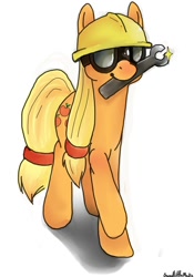 Size: 700x1000 | Tagged: safe, artist:sweetlittlemedic, applejack, g4, clothes, crossover, engiejack, engineer, engineer (tf2), goggles, hard hat, hat, simple background, solo, team fortress 2, white background, wrench