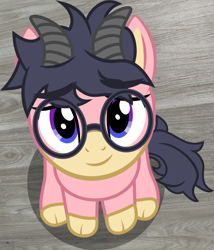 Size: 1589x1860 | Tagged: safe, artist:badumsquish-edits, artist:jaye, derpibooru exclusive, part of a set, oc, oc only, oc:anchor point, goat, hybrid, pony, g4, badumsquish's kitties, glasses, looking at you, looking up, looking up at you, open mouth, open smile, show accurate, sitting, smiling, solo