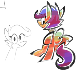 Size: 697x648 | Tagged: safe, artist:yl0w, scootaloo, pegasus, pony, g4, big eyes, colored sketch, duality, eye clipping through hair, eyebrows, eyebrows visible through hair, eyelashes, female, filly, foal, frown, looking at you, orange coat, purple mane, purple tail, saturated, short mane, simple background, sketch, smiling, smiling at you, solo, spread wings, tail, white background, wings