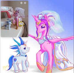 Size: 952x944 | Tagged: safe, artist:grissaecrim, princess cadance, shining armor, alicorn, pony, unicorn, g4, concave belly, female, horn, irl, male, mare, meme, photo, reference, size difference, stallion, the bride and the ugly ass groom, toy, toy interpretation