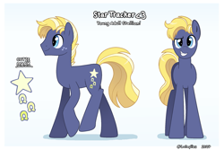 Size: 2171x1452 | Tagged: safe, artist:lullapiies, star tracker, earth pony, pony, g4, dreamworks face, eyebrows, freckles, gradient background, grin, male, older, older star tracker, raised eyebrow, smiling, solo, stallion