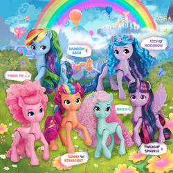 Size: 2000x2000 | Tagged: safe, izzy moonbow, minty, pinkie pie, rainbow dash, sunny starscout, twilight sparkle, alicorn, butterfly, earth pony, pegasus, pony, unicorn, g3, g4, g5, official, bangs, beautiful, brushable, canterlot, canterlot castle, curly hair, doll, flower, g3 to g5, g4 to g5, generation leap, horn, hot air balloon, irl, izzy and her heroine, kite, kite flying, mane stripe sunny, maretime bay, mountain, name, photo, rainbow, sunny and her heroine, text, toy, twilight sparkle (alicorn), zephyr heights