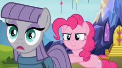 Size: 1390x781 | Tagged: safe, screencap, maud pie, pinkie pie, earth pony, pony, g4, rock solid friendship, butt touch, c:, discovery family logo, faic, female, friendshipper on deck, hoof on butt, out of context, push, pushing, rump push, smiling, surprised, twilight's castle