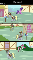 Size: 1920x3516 | Tagged: safe, artist:platinumdrop, amethyst star, derpy hooves, minty bubblegum, noi, sparkler, earth pony, pegasus, pony, unicorn, comic:dismissed, g4, 3 panel comic, alternate timeline, background pony, bag, ball, bubble, bubblegum, comic, commission, female, filly, foal, folded wings, food, gum, hat, heartbreak, horn, implied doctor whooves, implied roseluck, looking at someone, mail, mailbox, mailmare, mailmare hat, mailmare uniform, mailpony, mare, mouth hold, open mouth, playing, ponyville, raised hoof, sad, saddle bag, smiling, this will not end well, town, walking, wings, working