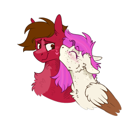 Size: 2000x2000 | Tagged: safe, artist:molars, oc, oc only, oc:grand finale, oc:molars, pegasus, pony, blushing, brown mane, chest fluff, doodle, female, freckles, heart, kissing, male, mare, red fur, simple background, sketch, stallion, stripe, transparent background