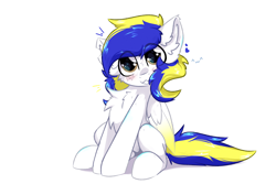 Size: 3000x2000 | Tagged: safe, artist:jubyskylines, oc, oc only, oc:juby skylines, pegasus, pony, :3, blushing, chest fluff, ear fluff, female, heart, mare, simple background, sitting, solo, white background