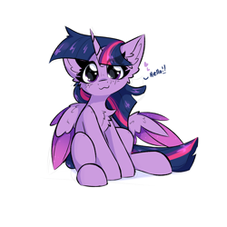 Size: 2000x2000 | Tagged: safe, artist:jubyskylines, twilight sparkle, alicorn, pony, g4, :3, chest fluff, colored wings, colored wingtips, cute, ear fluff, female, heart, hello, looking at you, mare, simple background, sitting, smiling, smiling at you, solo, talking to viewer, twiabetes, twilight sparkle (alicorn), white background, wings