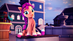 Size: 3840x2160 | Tagged: safe, artist:psfmer, sunny starscout, earth pony, pony, g5, 3d, :p, braid, braided ponytail, cute, drink, female, looking at you, mare, maretime bay, ponytail, sitting, smoothie, solo, source filmmaker, sunnybetes, tongue out, unshorn fetlocks