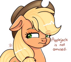 Size: 1154x1000 | Tagged: safe, artist:galaxy swirl, applejack, earth pony, pony, g4, applejack is not amused, applejack's hat, bust, colored eyebrows, colored pinnae, cowboy hat, eye clipping through hair, eyebrows, eyebrows visible through hair, eyelashes, female, floppy ears, freckles, hat, lidded eyes, looking back, mare, signature, simple background, solo, text, unamused, white background
