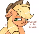 Size: 1154x1000 | Tagged: safe, artist:galaxy swirl, applejack, earth pony, pony, g4, applejack is not amused, applejack's hat, bust, colored eyebrows, cowboy hat, eye clipping through hair, eyebrows, eyebrows visible through hair, eyelashes, female, floppy ears, freckles, hat, lidded eyes, mare, signature, simple background, solo, text, unamused, white background