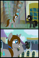 Size: 4240x6384 | Tagged: safe, artist:twiny dust, oc, oc only, oc:dust, oc:eclipse, pegasus, pony, unicorn, awkward smile, building, canterlot, canterlot city, cloud, comic, crossed hooves, duo, embarrassed, female, flying, growth, growth spell, hairband, hooves behind head, horn, macro, macro march, male, mare, pegasus oc, ponytail, sky, smiling, smirk, stallion, story included, unicorn oc