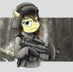 Size: 680x671 | Tagged: safe, artist:buckweiser, oc, oc only, oc:clover springs, pony, semi-anthro, armor, e-11, female, forest, forest background, galactic empire, gun, helmet, laser rifle, mare, nature, solo, star wars, tree, weapon